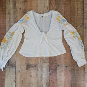 Free People Tie Front Embroidered Bohemian Long Sleeve Top